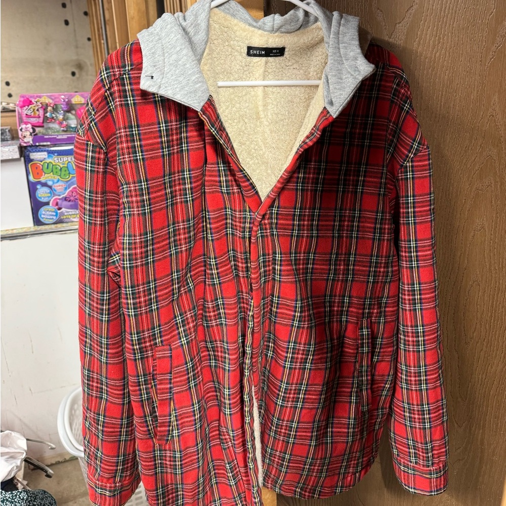 SHEIN Red Plaid Jacket with Gray Hood